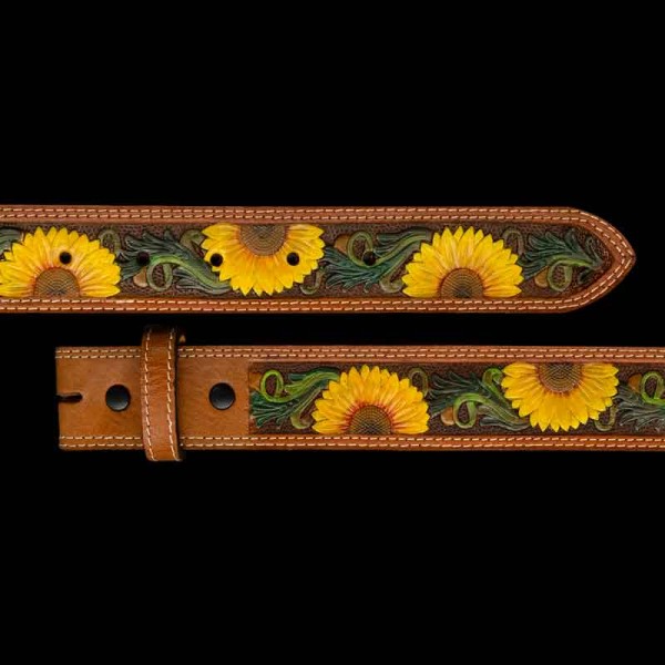 "Our Honeysuckle Belt brings Southern charm to life with it's vibrant, hand-painted sunflowers and lush green vines. This belt is double stitched and lined with a second piece of top-grain leather so it'll last for years! 

Size: 1.5"" wi